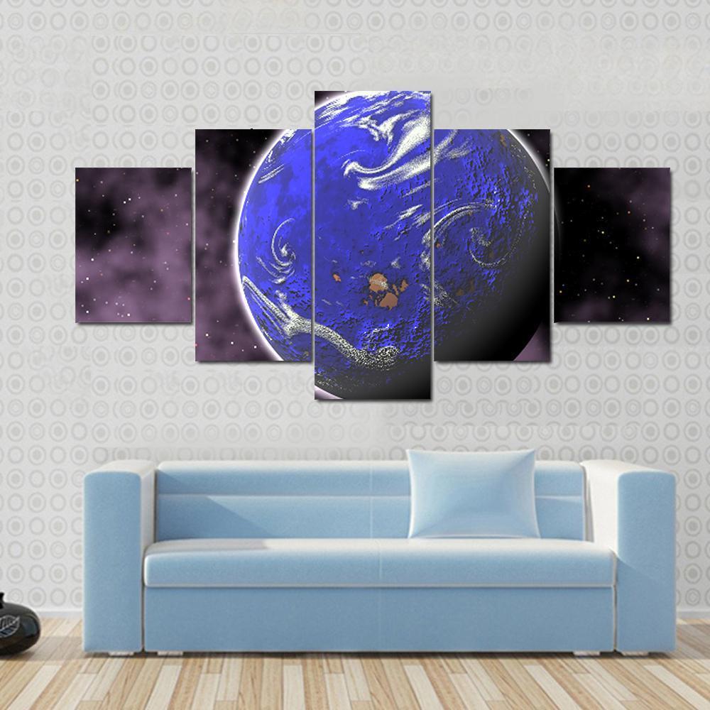 Water Planet In Deep Space Canvas Wall Art-5 Pop-Gallery Wrap-47" x 32"-Tiaracle