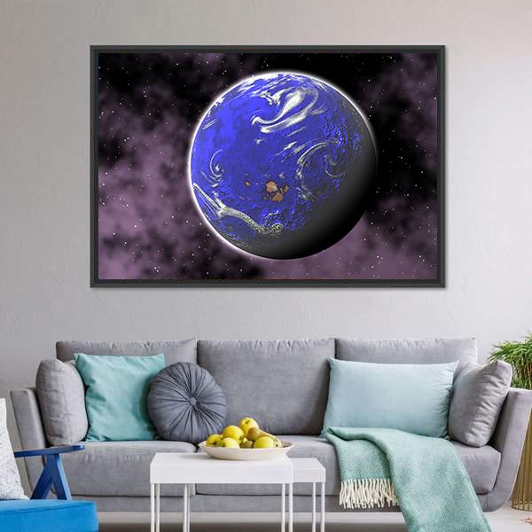 Water Planet In Deep Space Canvas Wall Art-3 Horizontal-Gallery Wrap-25" x 16"-Tiaracle