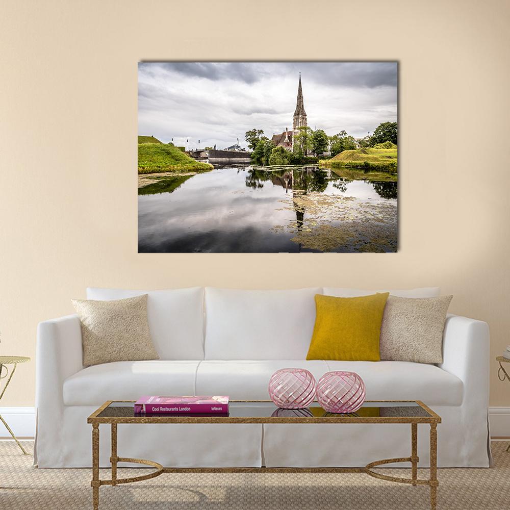 Gothic Church Reflection in Churchill Park Canvas Wall Art in white, gray and green, single panel hung on a wall