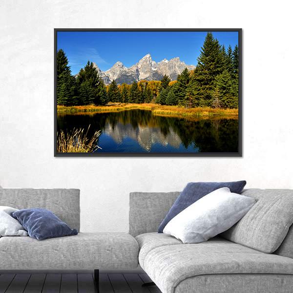 Water Reflections In Fall In The Grand Tetons Canvas Wall Art-5 Horizontal-Gallery Wrap-22" x 12"-Tiaracle