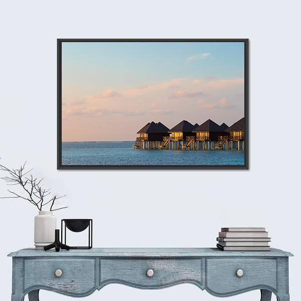 Water Villas Bungalows On Island Canvas Wall Art-1 Piece-Floating Frame-24&quot; x 16&quot;-Tiaracle