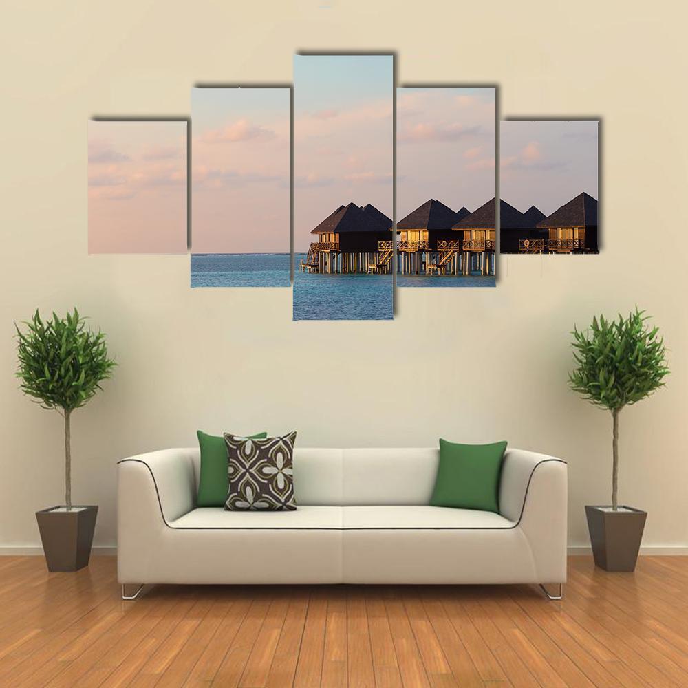 Water Villas Bungalows On Island Canvas Wall Art-5 Star-Gallery Wrap-62&quot; x 32&quot;-Tiaracle