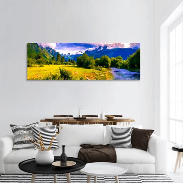 Blue River Watercolor Panoramic Canvas Wall Art-1 Piece-36" x 12"-Tiaracle