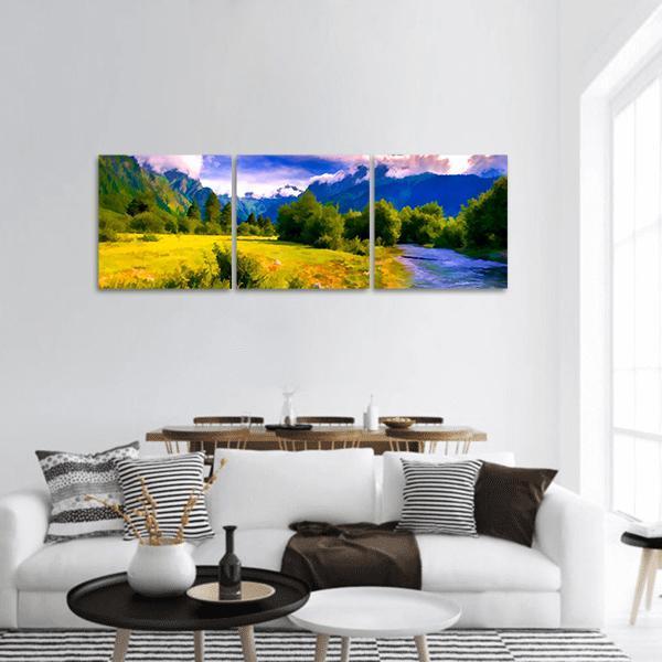 Blue River Watercolor Landscape Panoramic Canvas Wall Art in yellow, green and blue, hung on a wall