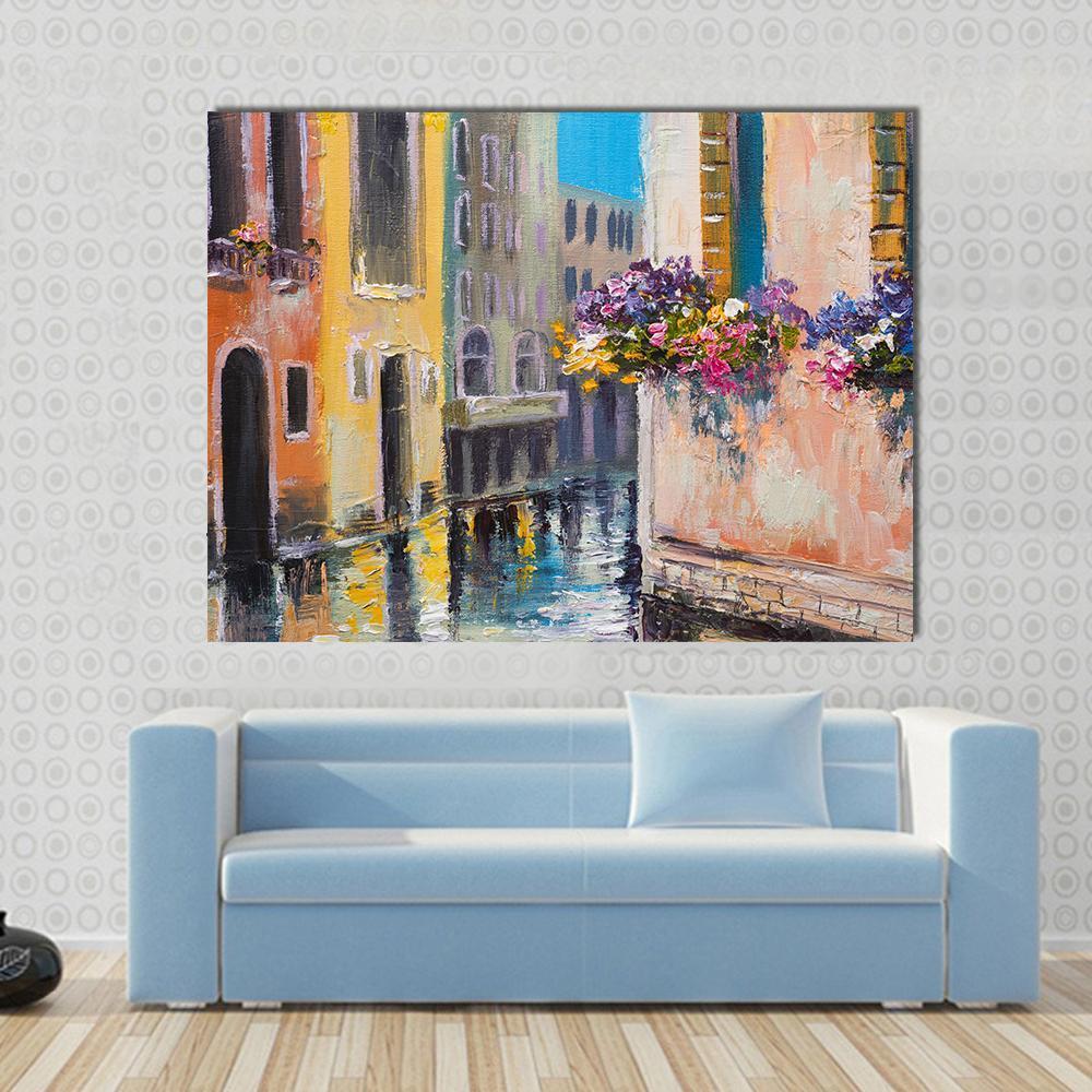 Watercolor Canal In Venice Italy Canvas Wall Art-1 Piece-Gallery Wrap-48" x 32"-Tiaracle