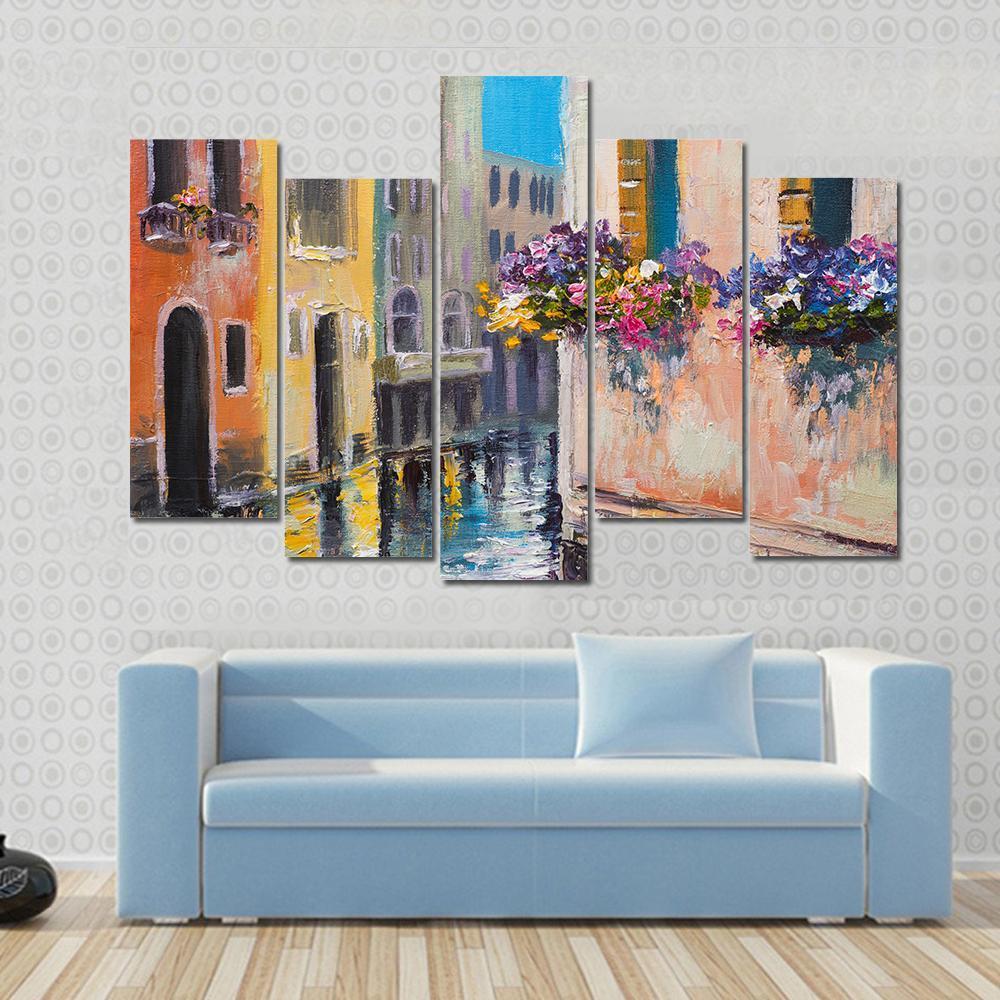 Watercolor Canal In Venice Italy Canvas Wall Art-5 Pop-Gallery Wrap-47" x 32"-Tiaracle