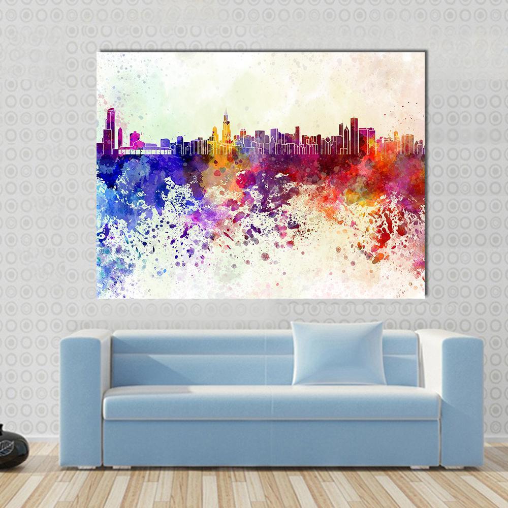 Watercolor Chicago Skyline Canvas Wall Art in white, blue and multicolor, single panel hung on a wall