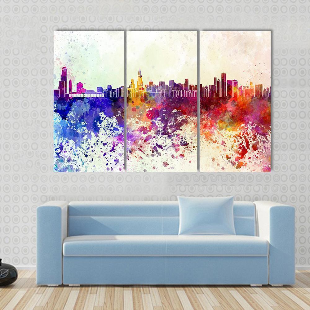 Watercolor Chicago Skyline Canvas Wall Art-3 Horizontal-Gallery Wrap-37" x 24"-Tiaracle