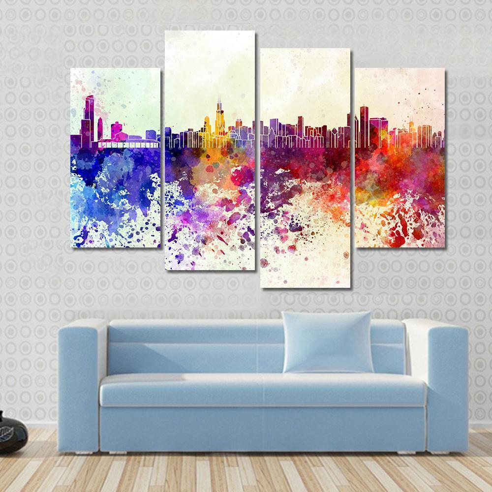 Watercolor Chicago Skyline Canvas Wall Art-4 Pop-Gallery Wrap-50" x 32"-Tiaracle