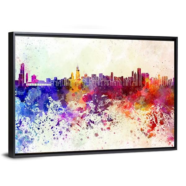 Watercolor Chicago Skyline Canvas Wall Art-3 Horizontal-Gallery Wrap-25" x 16"-Tiaracle