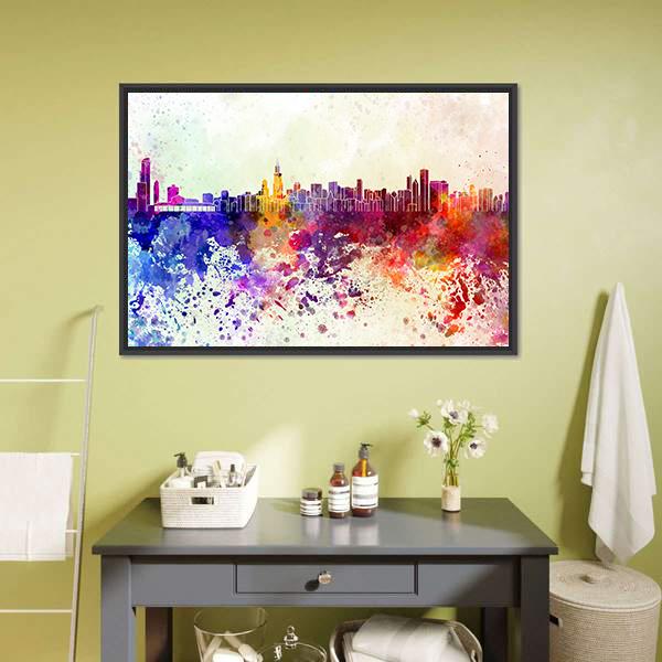 Watercolor Chicago Skyline Canvas Wall Art-3 Horizontal-Gallery Wrap-25" x 16"-Tiaracle