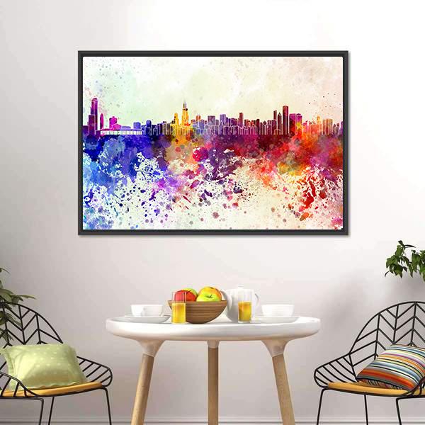 Watercolor Chicago Skyline Canvas Wall Art-1 Piece-Floating Frame-24" x 16"-Tiaracle