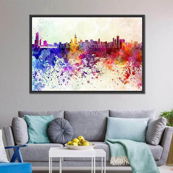 Watercolor Chicago Skyline Canvas Wall Art-3 Horizontal-Gallery Wrap-25" x 16"-Tiaracle