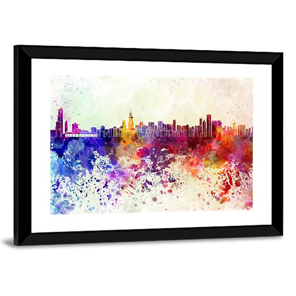 Watercolor Chicago Skyline Canvas Wall Art-3 Horizontal-Gallery Wrap-25" x 16"-Tiaracle