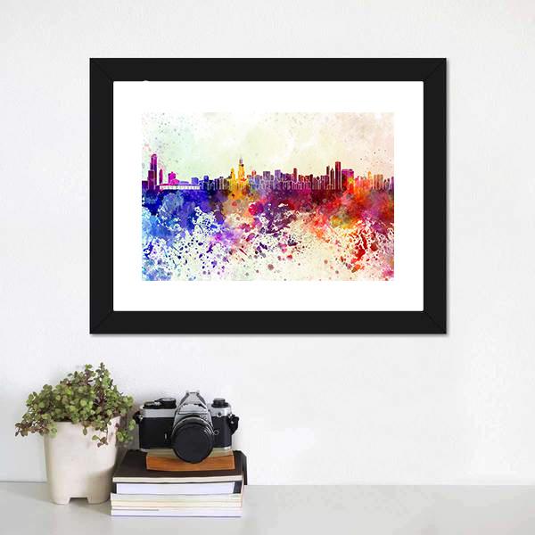Watercolor Chicago Skyline Canvas Wall Art-3 Horizontal-Gallery Wrap-25" x 16"-Tiaracle