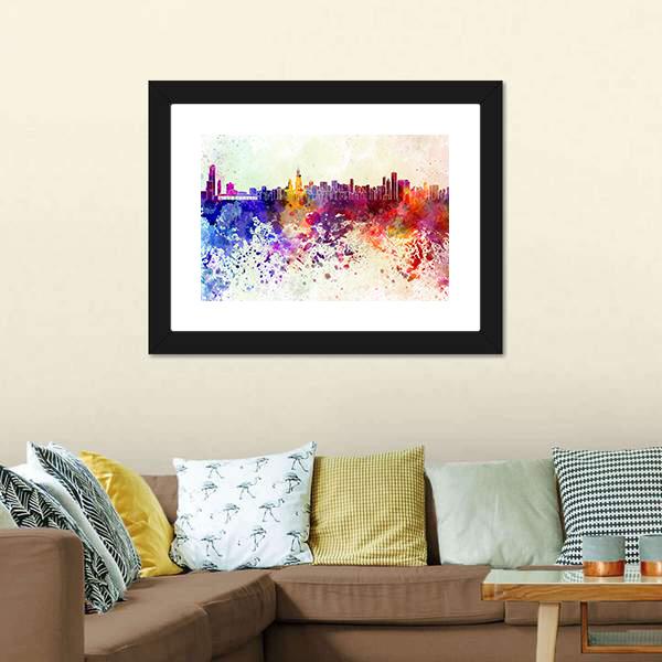 Watercolor Chicago Skyline Canvas Wall Art-1 Piece-Framed Print-20" x 16"-Tiaracle