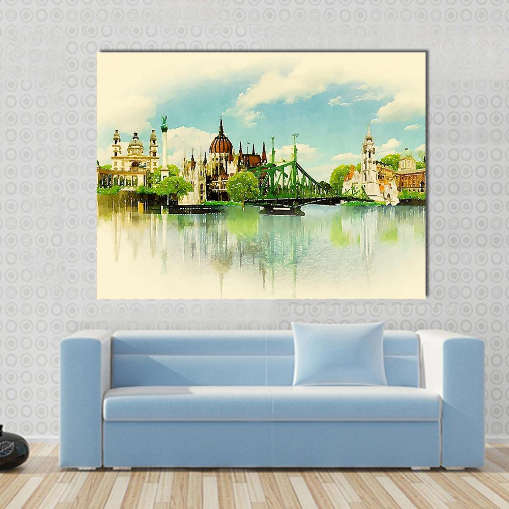Watercolor Illustration Budapest View Canvas Wall Art in beige, green and blue, single panel hung on a wall