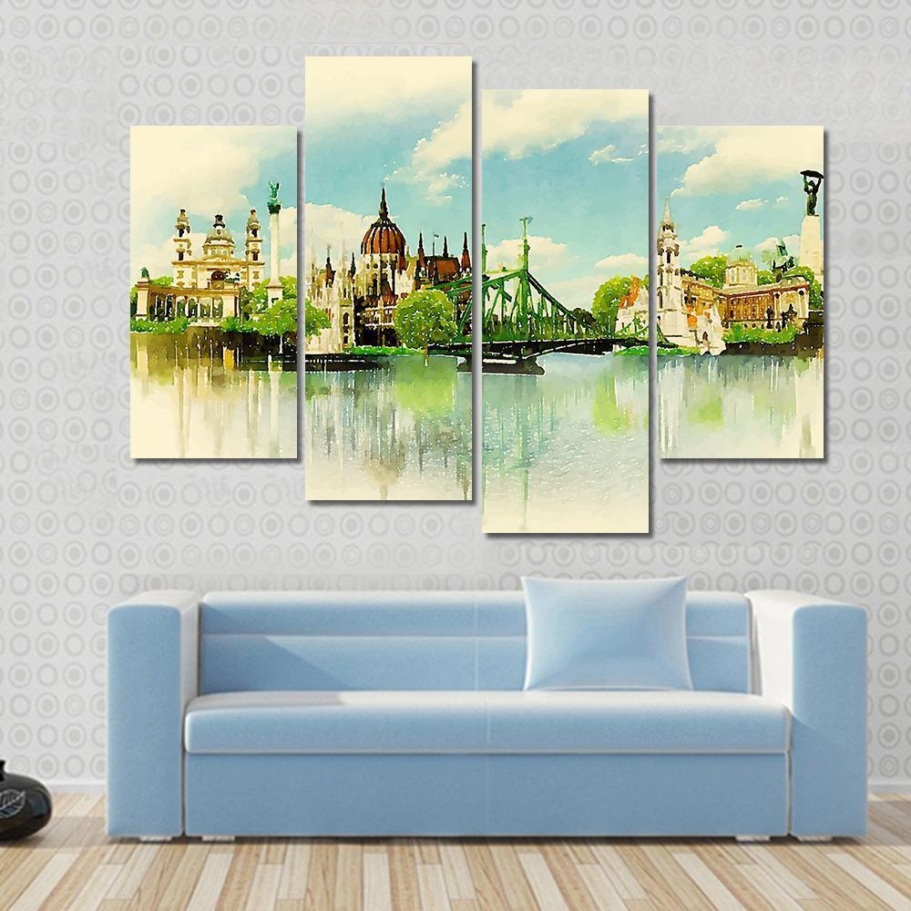 Watercolor Illustration BUDAPEST View Canvas Wall Art-4 Pop-Gallery Wrap-50" x 32"-Tiaracle