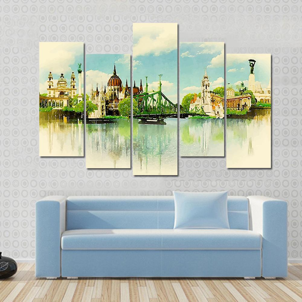 Watercolor Illustration BUDAPEST View Canvas Wall Art-5 Pop-Gallery Wrap-47" x 32"-Tiaracle