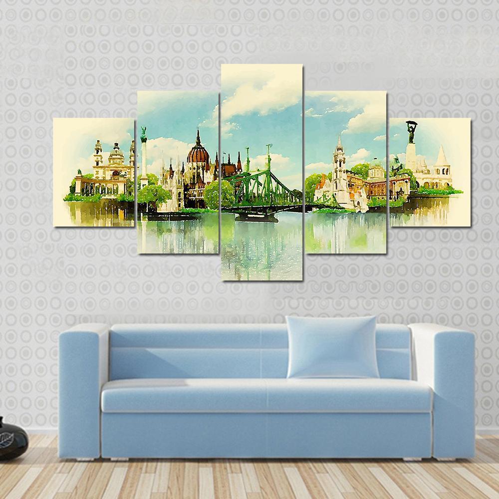 Watercolor Illustration BUDAPEST View Canvas Wall Art-3 Horizontal-Gallery Wrap-37" x 24"-Tiaracle