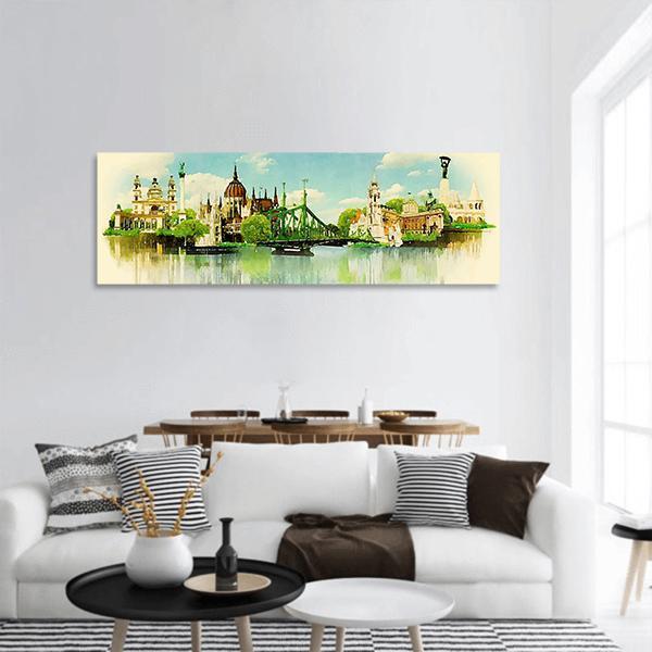 Watercolor Illustration Of Budapest Panoramic Canvas Wall Art-1 Piece-36" x 12"-Tiaracle