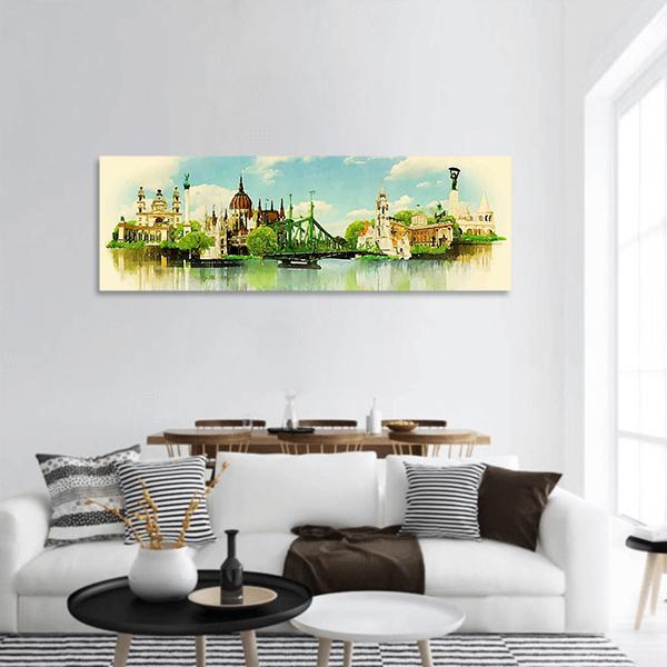 Watercolor Illustration of Budapest Panoramic Canvas Wall Art-1 Piece-36" x 12"-Tiaracle