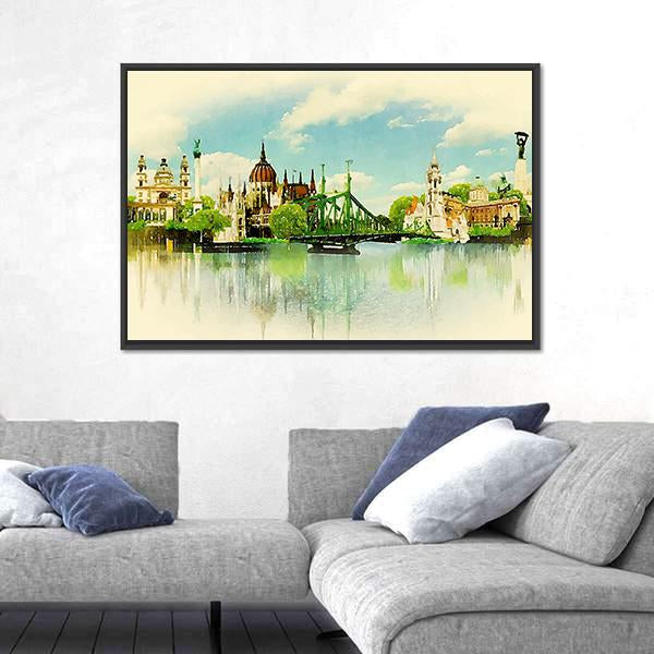 Watercolor Illustration of Budapest Panoramic Canvas Wall Art-1 Piece-36" x 12"-Tiaracle
