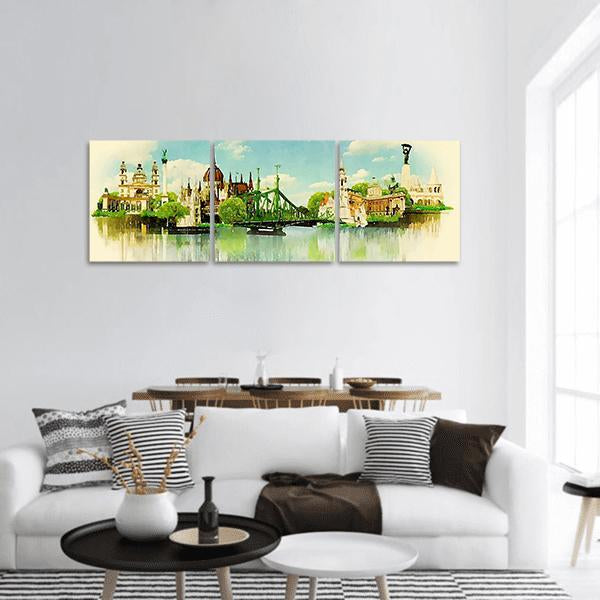 Budapest Skyline Watercolor Illustration Panoramic Canvas Wall Art in beige, green and blue, hung on a wall