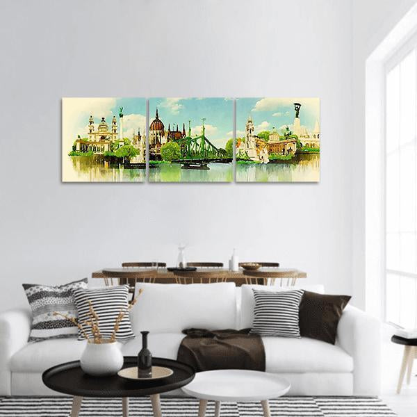 Watercolor Illustration of Budapest Panoramic Canvas Wall Art-3 Piece-25" x 08"-Tiaracle