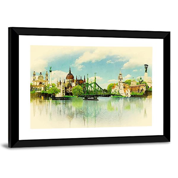 Watercolor Illustration of Budapest Panoramic Canvas Wall Art-1 Piece-36" x 12"-Tiaracle