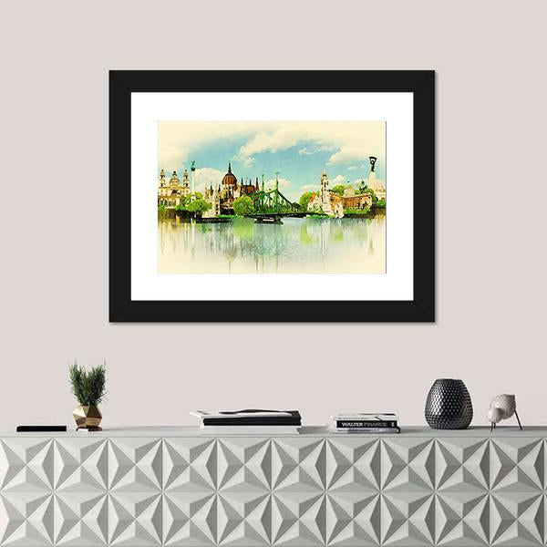 Watercolor Illustration Of Budapest Panoramic Canvas Wall Art-1 Piece-36" x 12"-Tiaracle