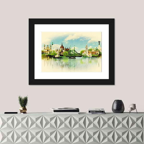 Watercolor Illustration of Budapest Panoramic Canvas Wall Art-1 Piece-36" x 12"-Tiaracle