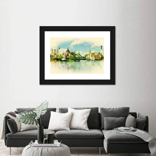 Watercolor Illustration Of Budapest Panoramic Canvas Wall Art-1 Piece-36" x 12"-Tiaracle