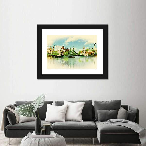Watercolor Illustration of Budapest Panoramic Canvas Wall Art-1 Piece-36" x 12"-Tiaracle
