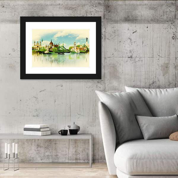 Watercolor Illustration Of Budapest Panoramic Canvas Wall Art-1 Piece-36" x 12"-Tiaracle