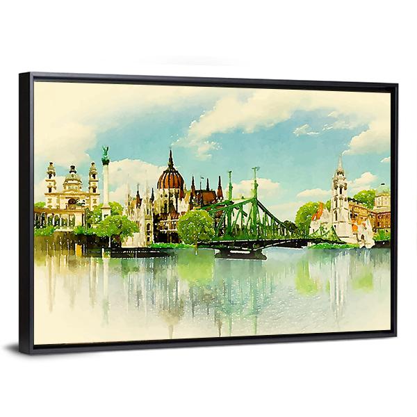 Watercolor Illustration Of Budapest Panoramic Canvas Wall Art-1 Piece-36" x 12"-Tiaracle