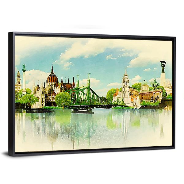 Watercolor Illustration of Budapest Panoramic Canvas Wall Art-1 Piece-36" x 12"-Tiaracle
