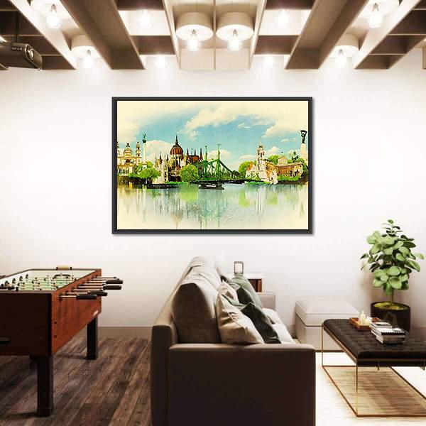 Watercolor Illustration Of Budapest Panoramic Canvas Wall Art-1 Piece-36" x 12"-Tiaracle