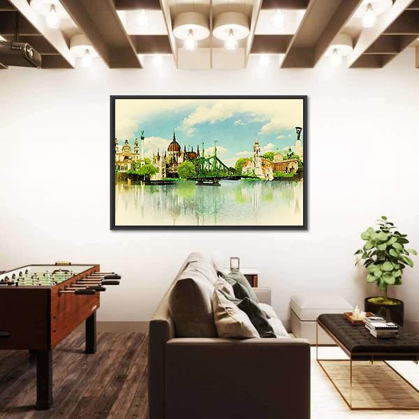Watercolor Illustration of Budapest Panoramic Canvas Wall Art-1 Piece-36" x 12"-Tiaracle