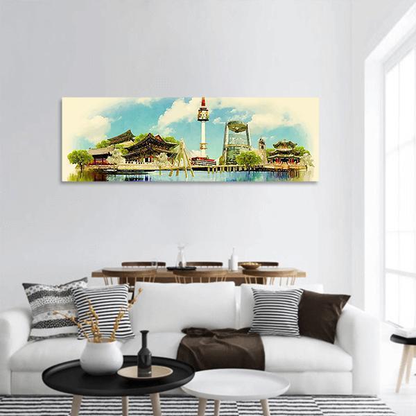 Watercolor Illustration of Seoul Panoramic Canvas Wall Art-1 Piece-36" x 12"-Tiaracle