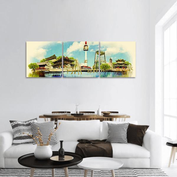 Watercolor Illustration of Seoul Panoramic Canvas Wall Art-3 Piece-25" x 08"-Tiaracle