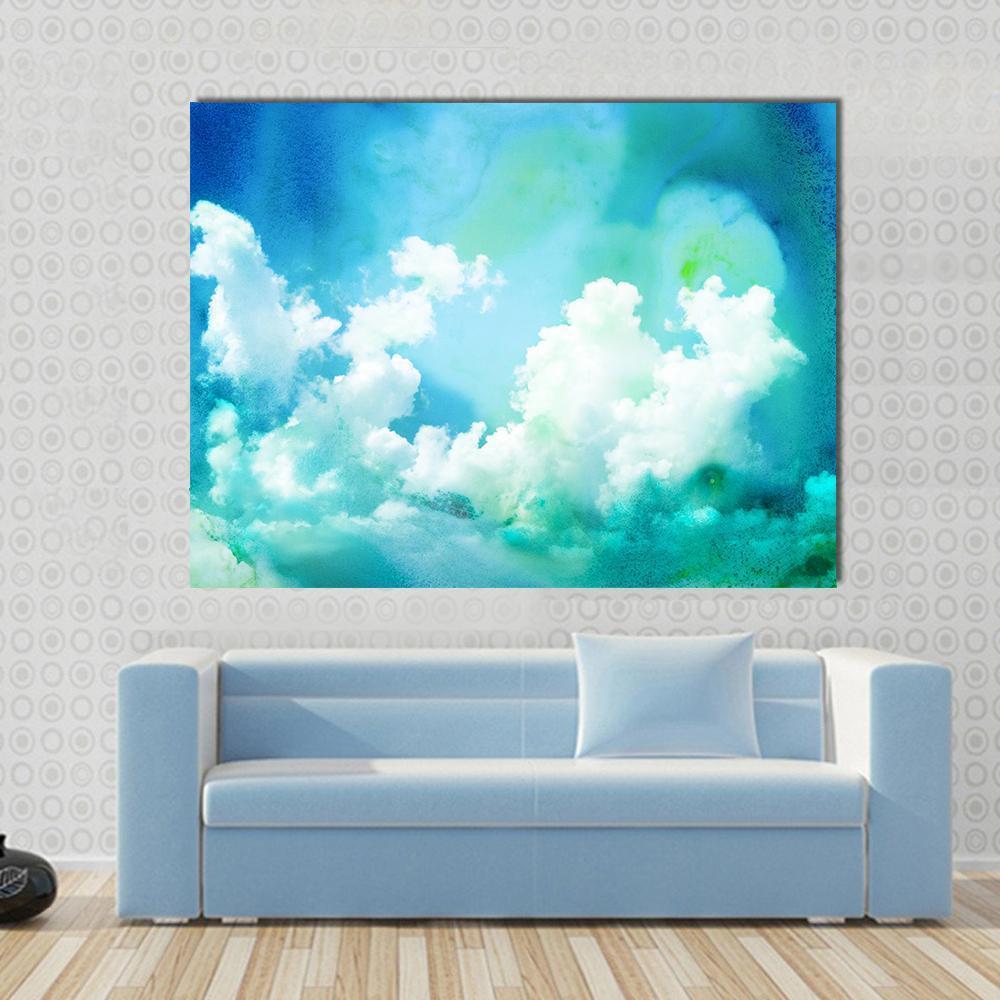 Watercolor Abstract Sky Illustration Canvas Wall Art in white, green and blue, single panel hung on a wall