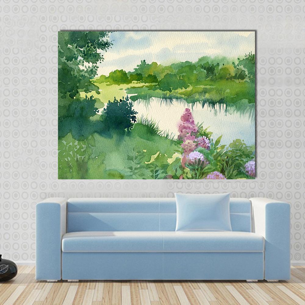 Watercolor Landscape Near The River Canvas Wall Art-3 Horizontal-Gallery Wrap-25" x 16"-Tiaracle
