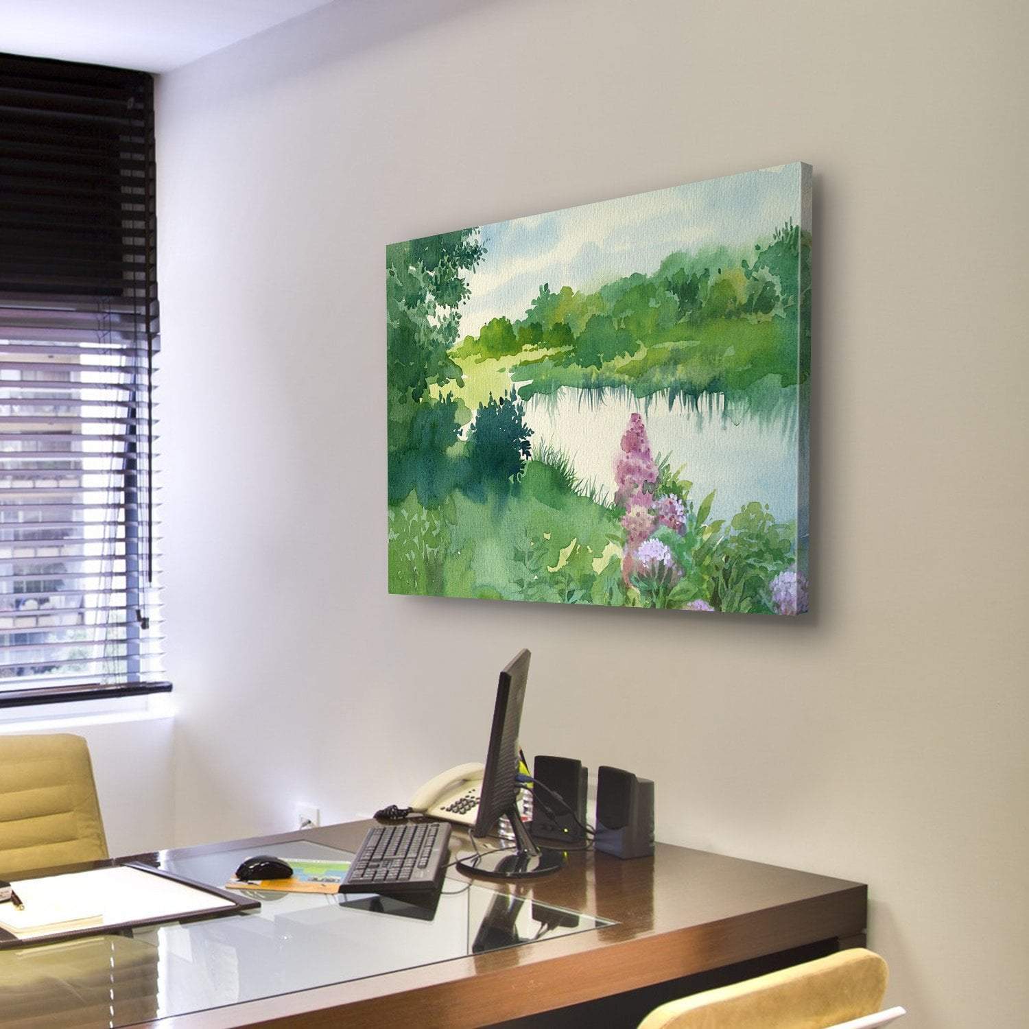 Watercolor Landscape Near The River Canvas Wall Art-3 Horizontal-Gallery Wrap-25" x 16"-Tiaracle
