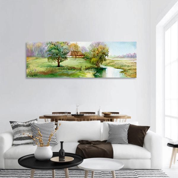 Watercolor Landscape Of Village Panoramic Canvas Wall Art-1 Piece-36" x 12"-Tiaracle