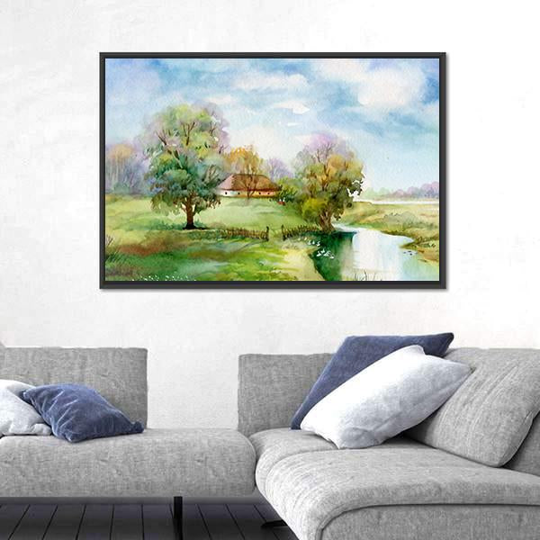 Watercolor Landscape Of Village Panoramic Canvas Wall Art-1 Piece-36" x 12"-Tiaracle