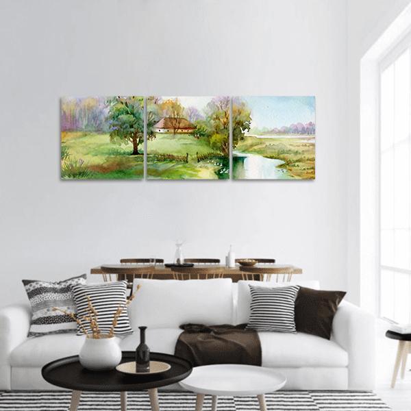 Watercolor Landscape Of Village Panoramic Canvas Wall Art-3 Piece-25" x 08"-Tiaracle