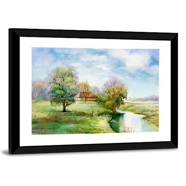 Watercolor Landscape Of Village Panoramic Canvas Wall Art-1 Piece-36" x 12"-Tiaracle