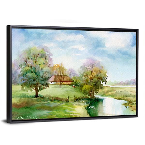 Watercolor Landscape Of Village Panoramic Canvas Wall Art-1 Piece-36" x 12"-Tiaracle