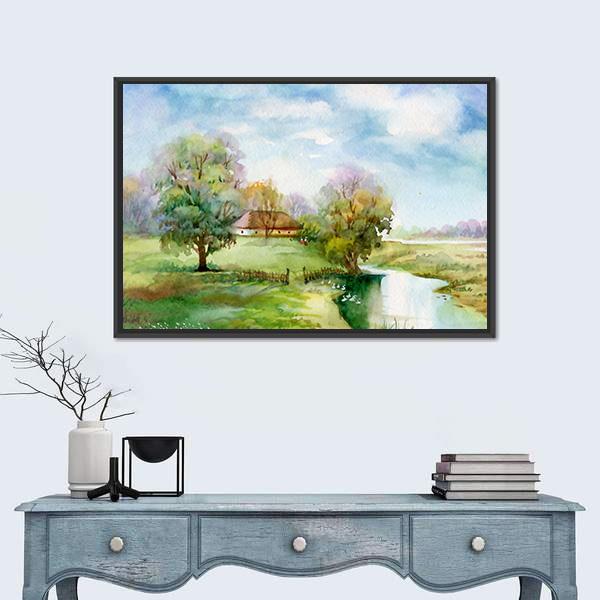 Watercolor Landscape Of Village Panoramic Canvas Wall Art-1 Piece-36" x 12"-Tiaracle